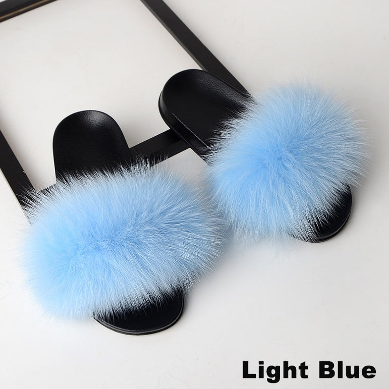 Real Fox Fur Slides Home Furry Flat Slippers