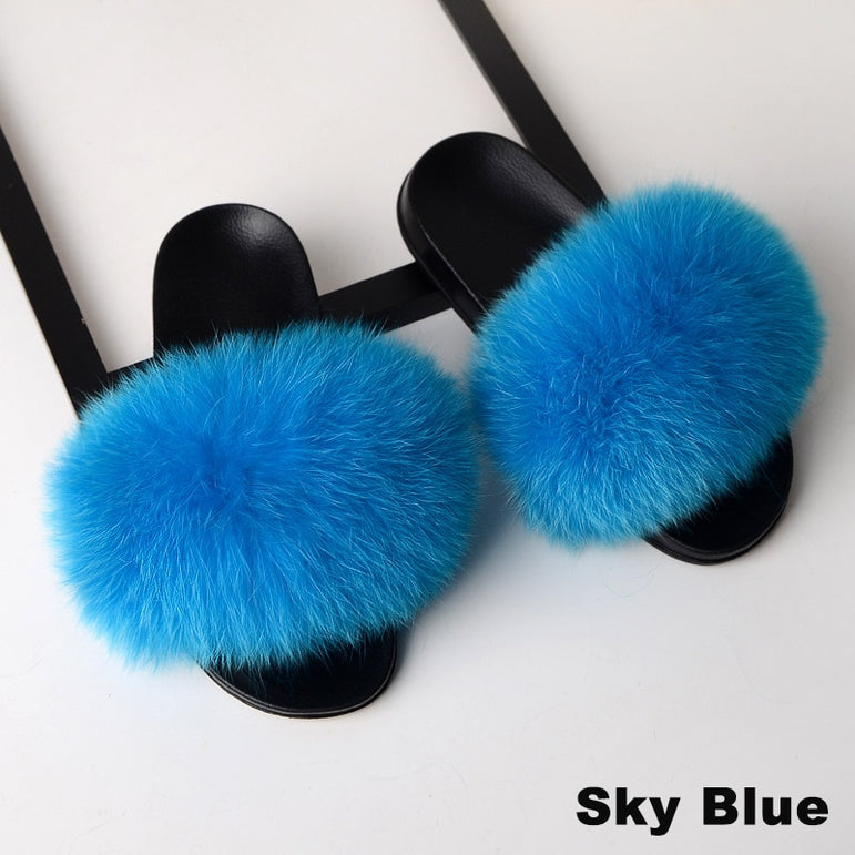 Real Fox Fur Slides Home Furry Flat Slippers