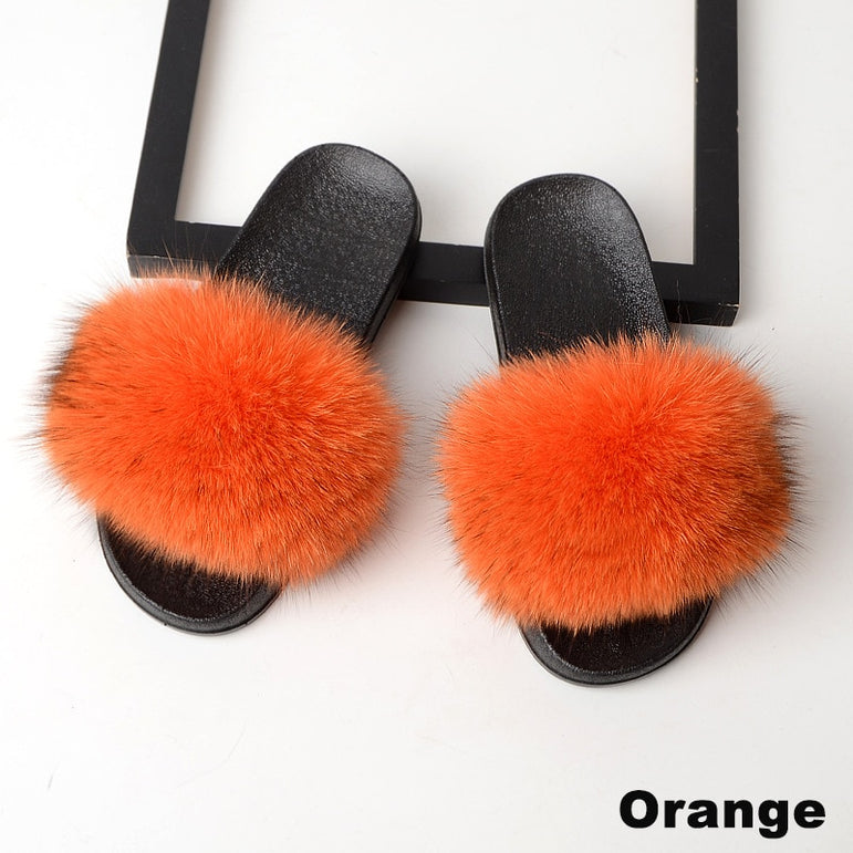 Real Fox Fur Slides Home Furry Flat Slippers