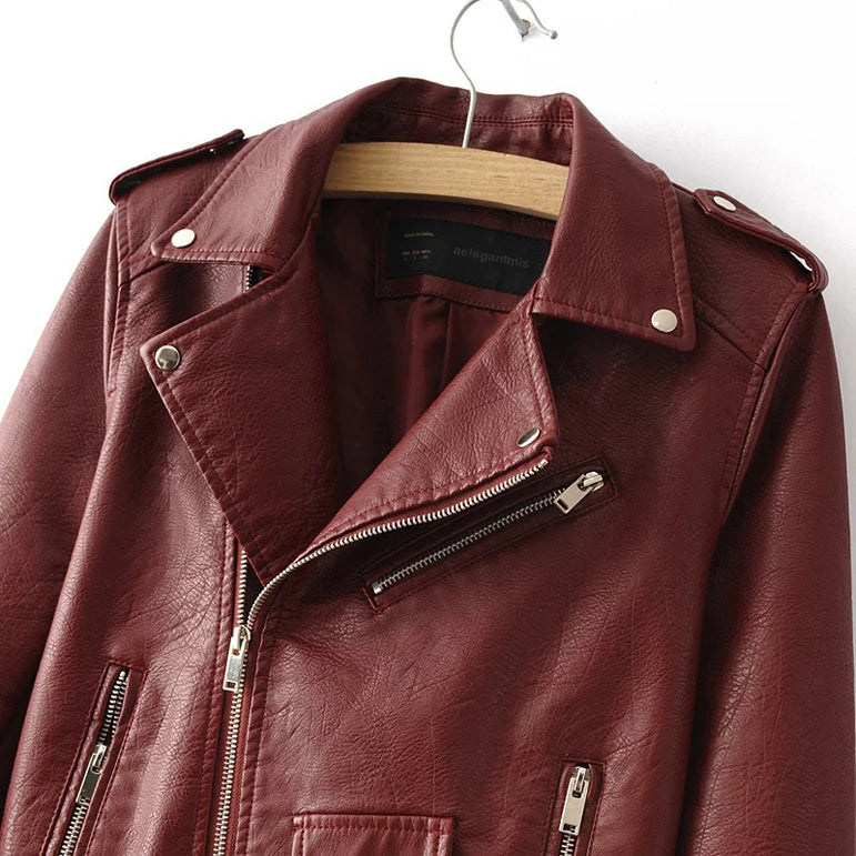 Leather Women Fashion Zipper Motorcycle Jacket