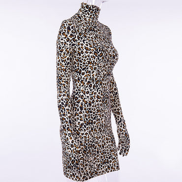 Leopard Print Female Long Sleeve Gloves Dresses