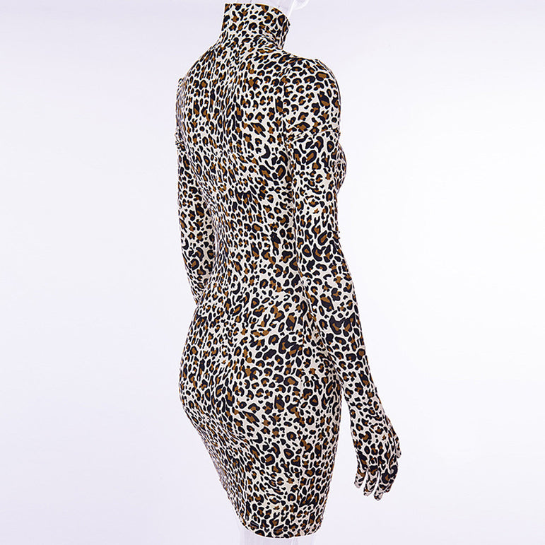 Leopard Print Female Long Sleeve Gloves Dresses