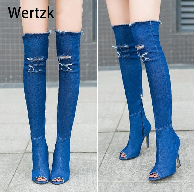 Jeans Thigh High High Heels Women Boots