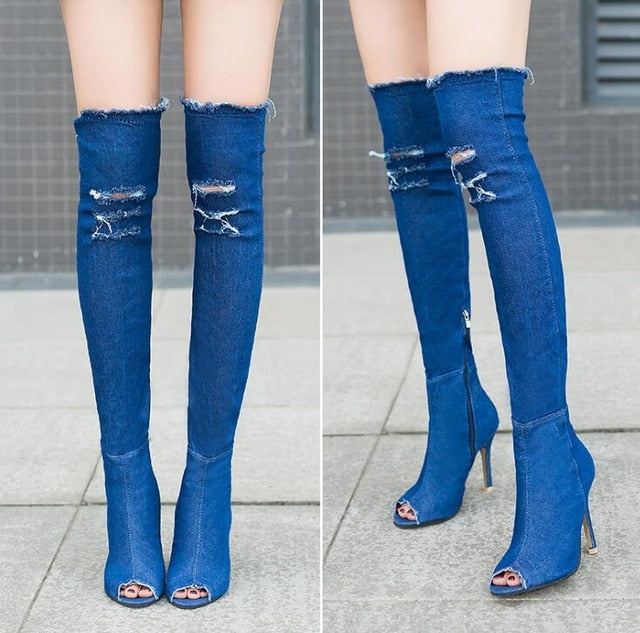 Jeans Thigh High High Heels Women Boots