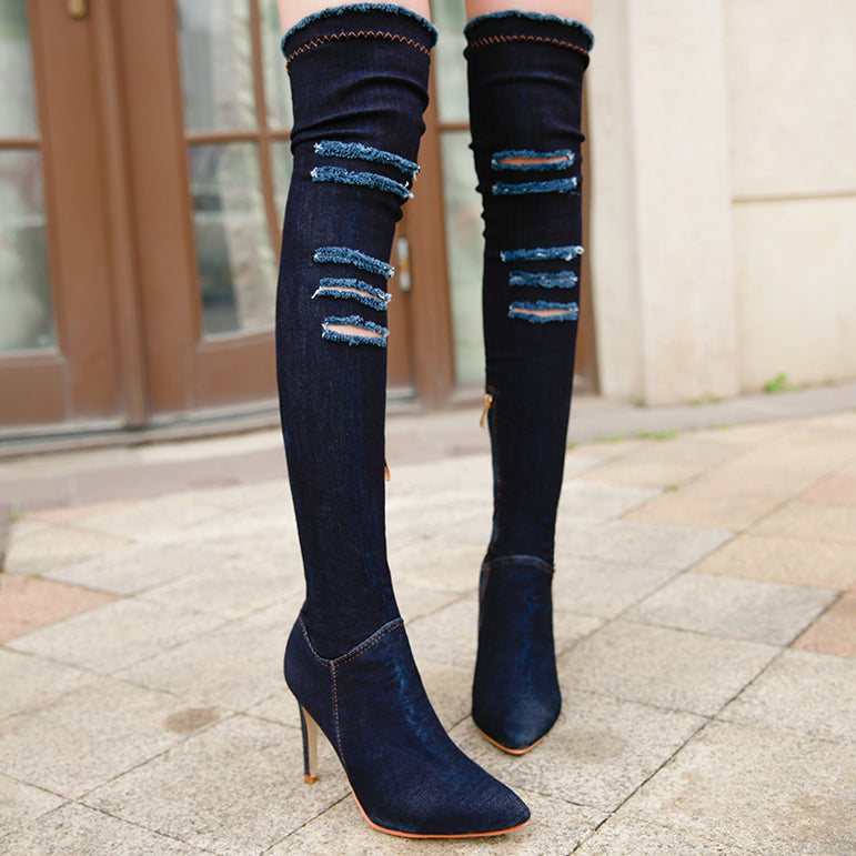 Jeans Thigh High High Heels Women Boots