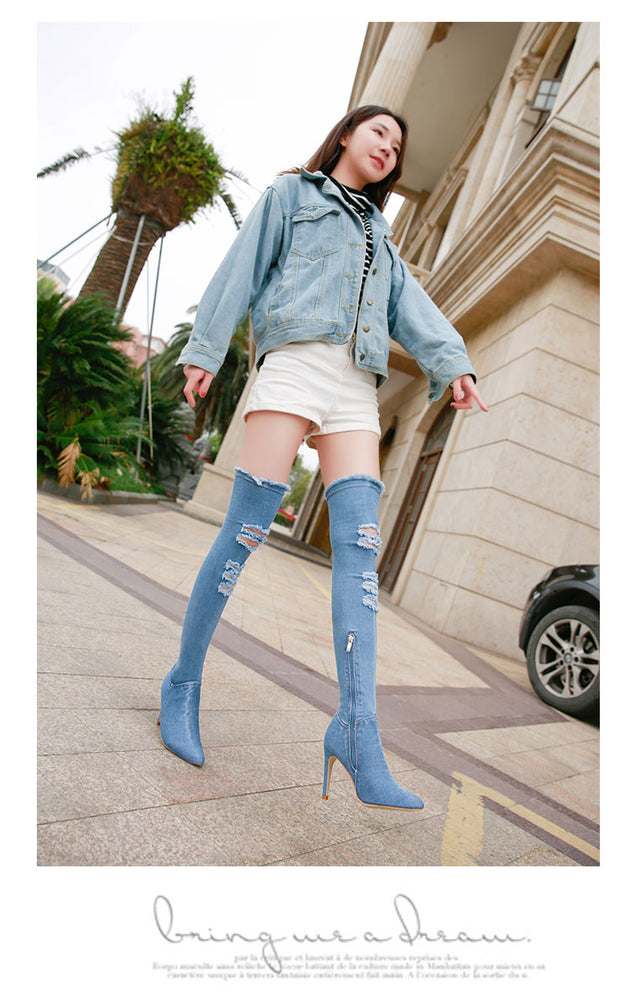 Jeans Thigh High High Heels Women Boots