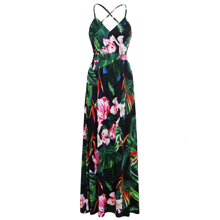 Tropical Jungle Leaf Boho Long Dress