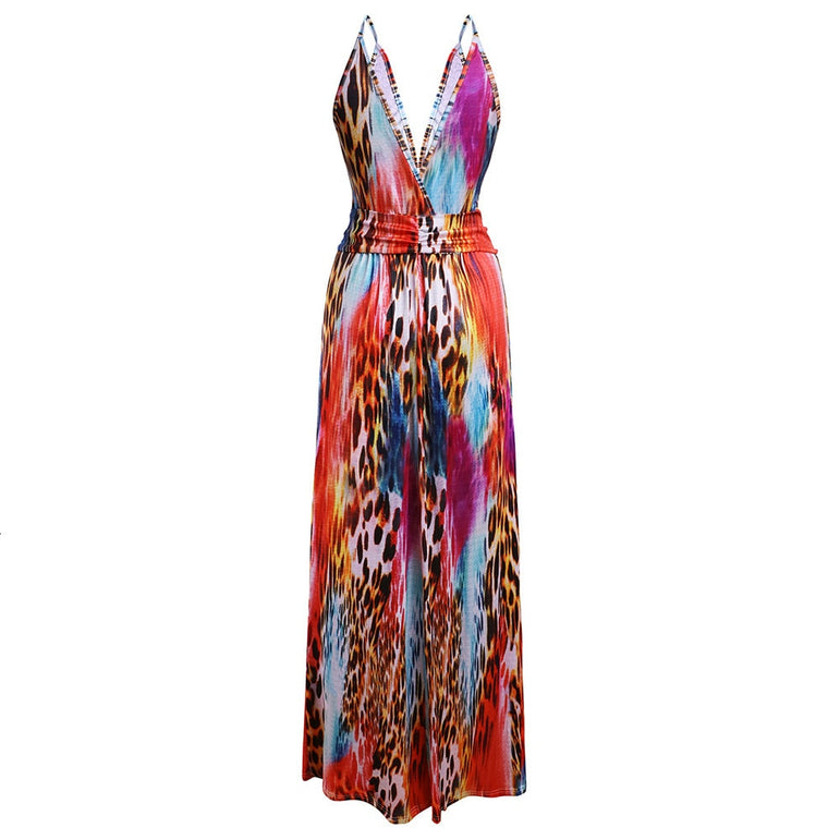 Tropical Jungle Leaf Boho Long Dress