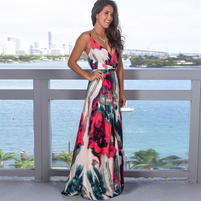 Tropical Jungle Leaf Boho Long Dress