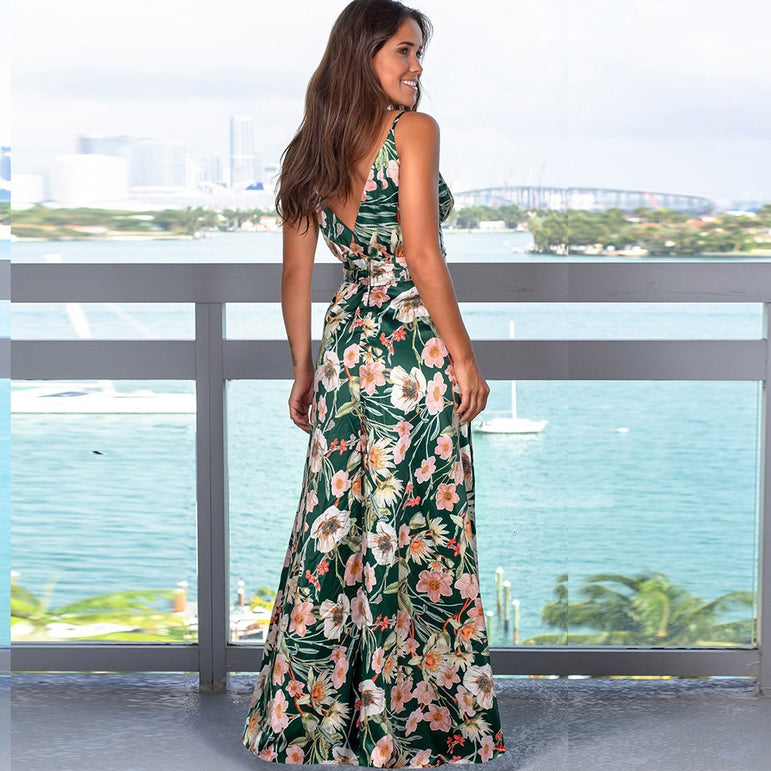 Tropical Jungle Leaf Boho Long Dress