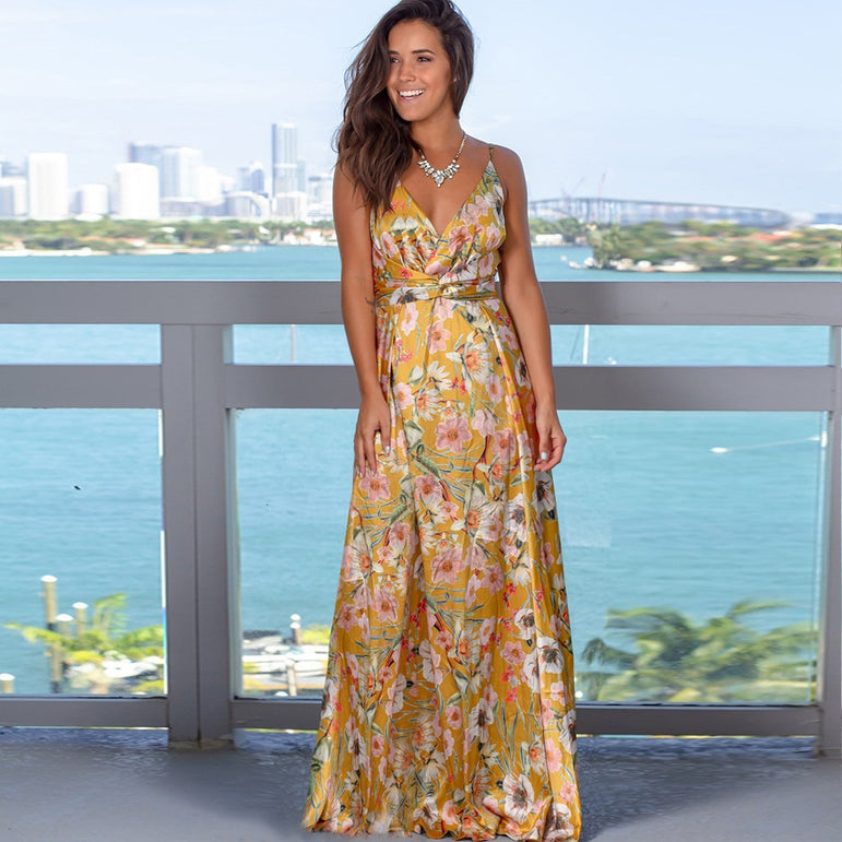 Tropical Jungle Leaf Boho Long Dress