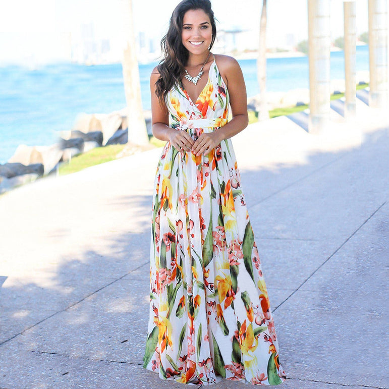 Tropical Jungle Leaf Boho Long Dress