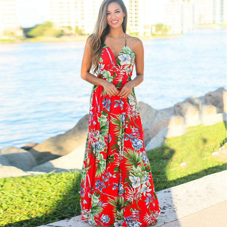 Tropical Jungle Leaf Boho Long Dress