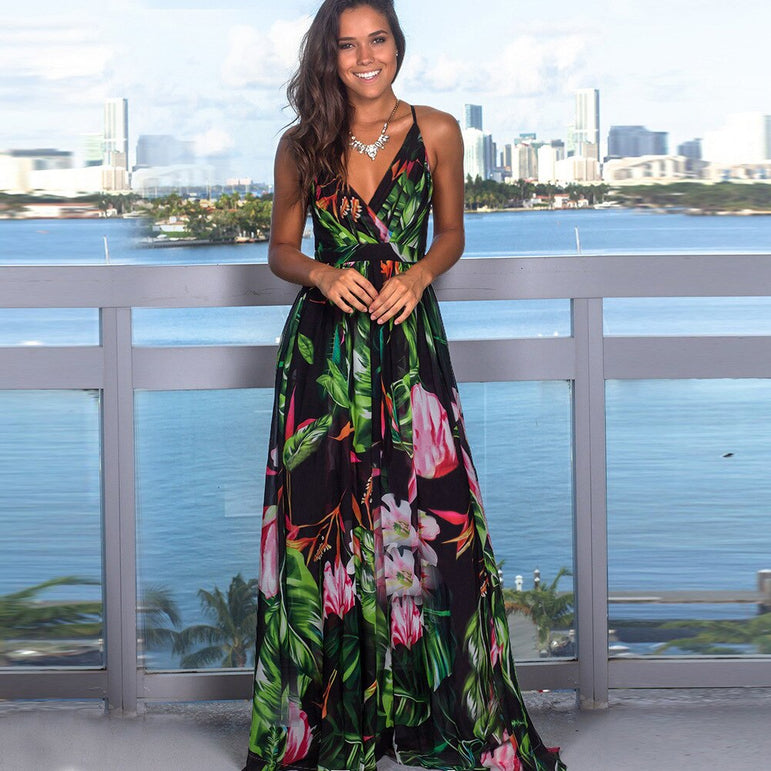 Tropical Jungle Leaf Boho Long Dress