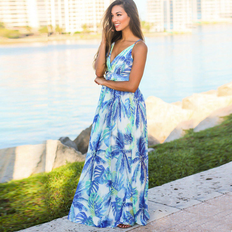 Tropical Jungle Leaf Boho Long Dress