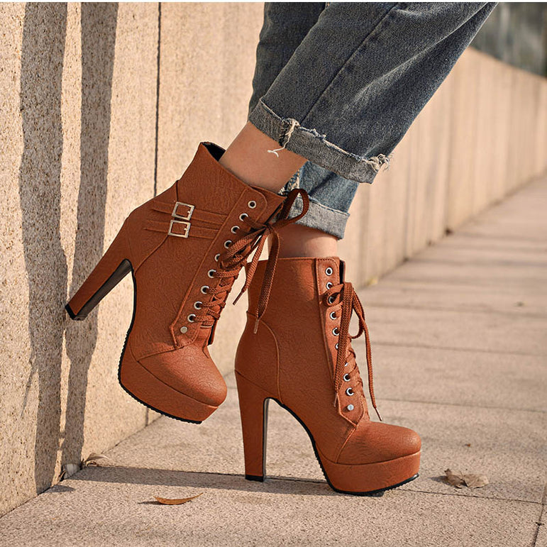 Cute Platform High Heels Female Lace Up Boot