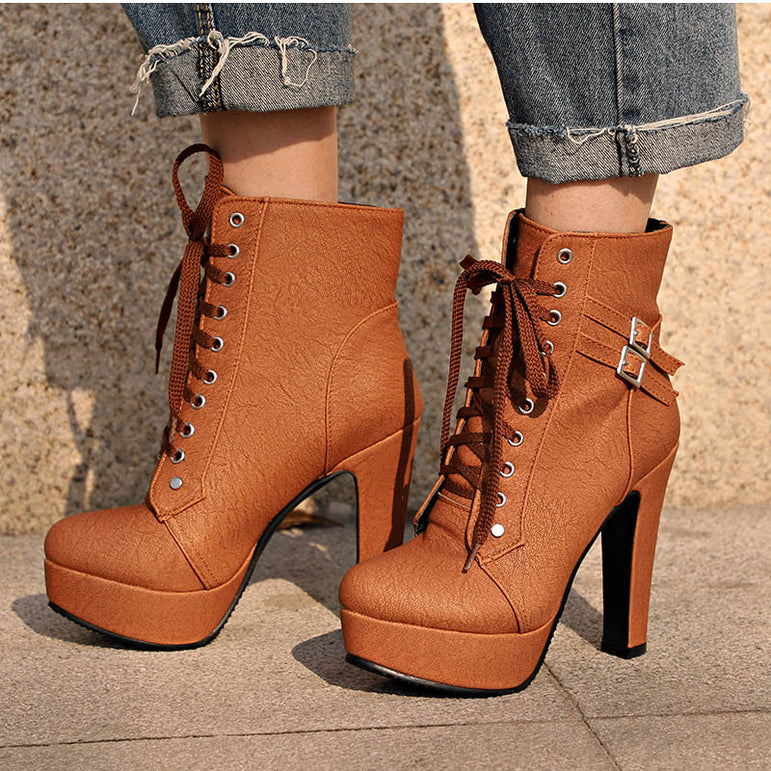 Cute Platform High Heels Female Lace Up Boot