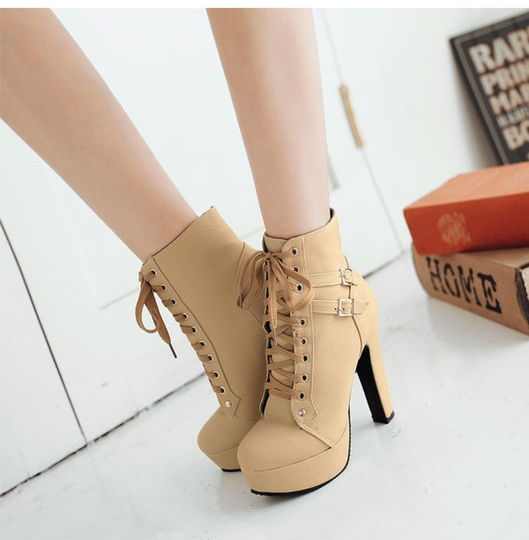 Cute Platform High Heels Female Lace Up Boot