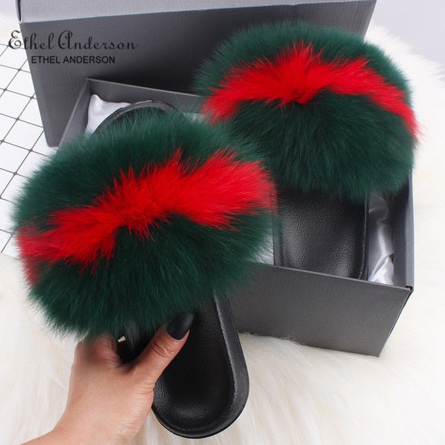 Fluffy Real FOX Fur Slides Indoor Slippers