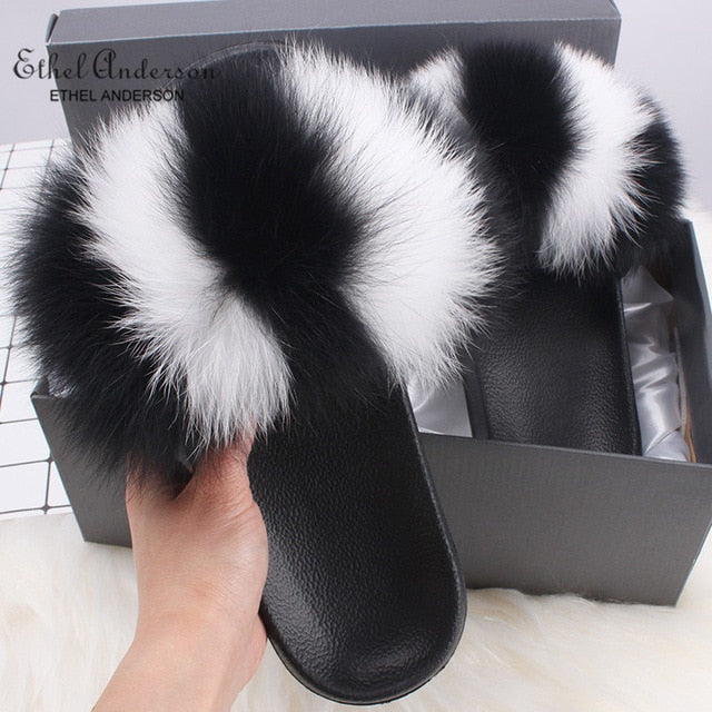 Fluffy Real FOX Fur Slides Indoor Slippers