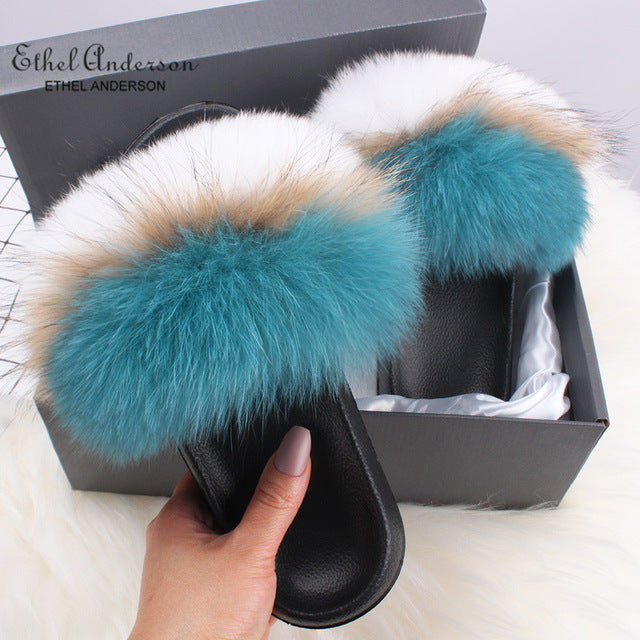 Fluffy Real FOX Fur Slides Indoor Slippers