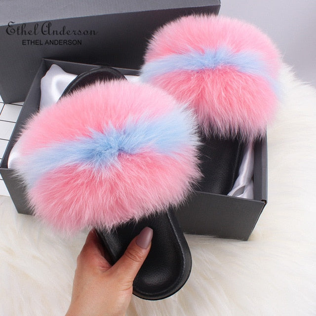 Fluffy Real FOX Fur Slides Indoor Slippers