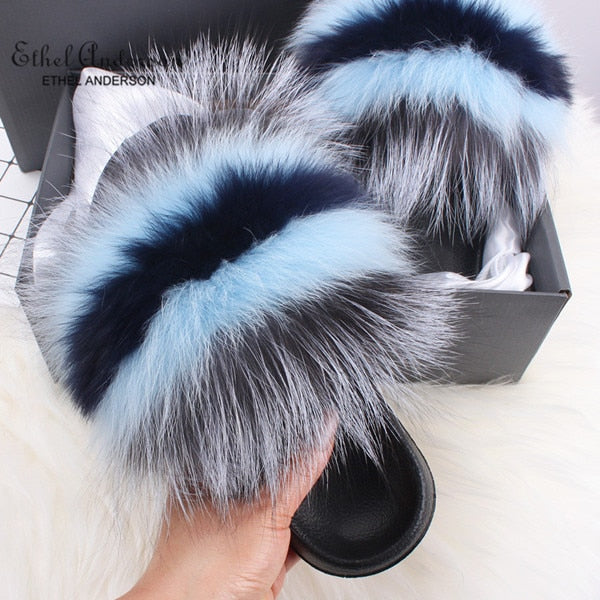 Fluffy Real FOX Fur Slides Indoor Slippers