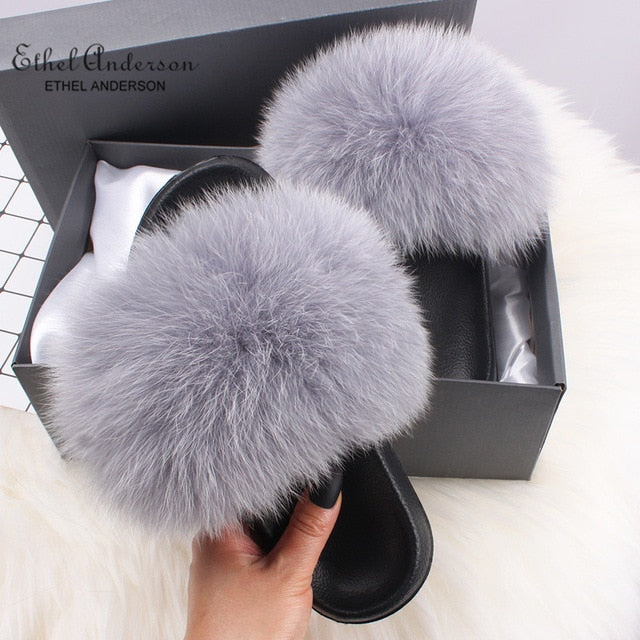 Fluffy Real FOX Fur Slides Indoor Slippers