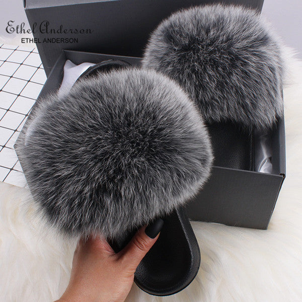 Fluffy Real FOX Fur Slides Indoor Slippers