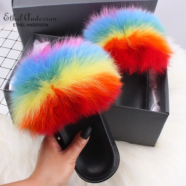 Fluffy Real FOX Fur Slides Indoor Slippers