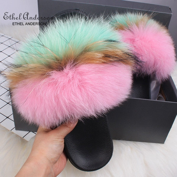 Fluffy Real FOX Fur Slides Indoor Slippers