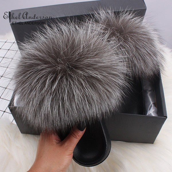 Fluffy Real FOX Fur Slides Indoor Slippers