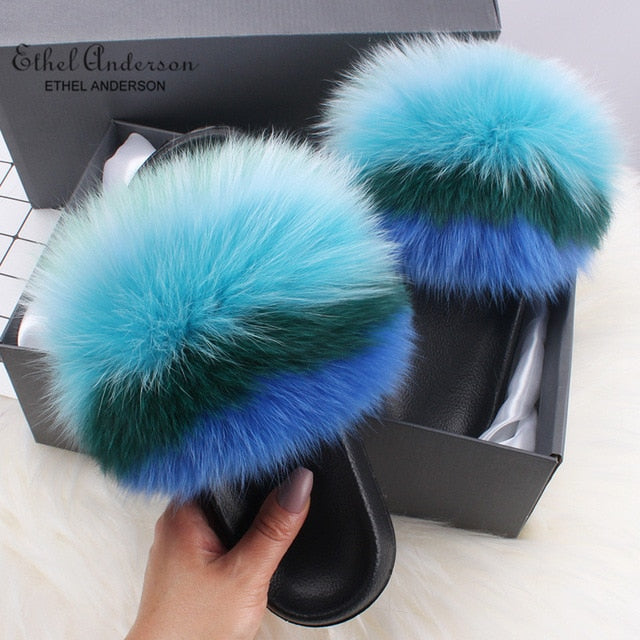 Fluffy Real FOX Fur Slides Indoor Slippers