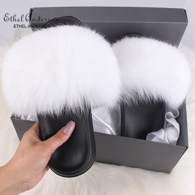 Fluffy Real FOX Fur Slides Indoor Slippers