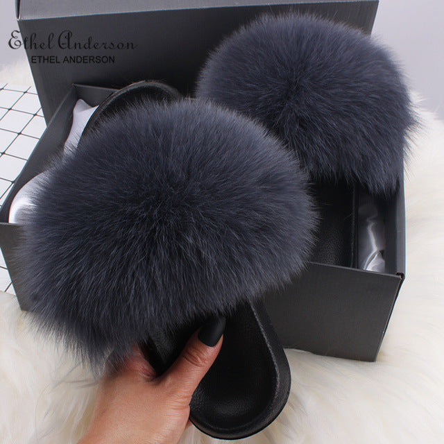 Fluffy Real FOX Fur Slides Indoor Slippers