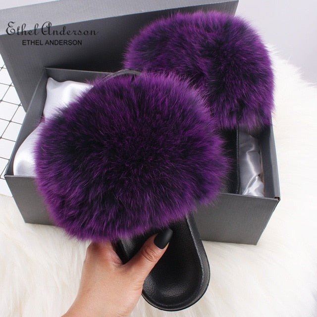 Fluffy Real FOX Fur Slides Indoor Slippers