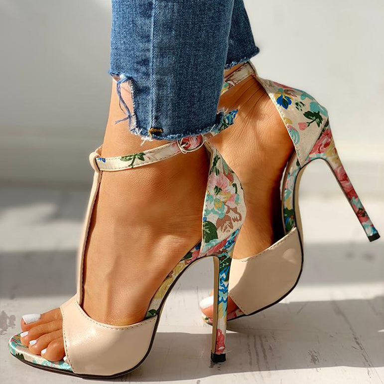 Cute Floral Print Super High Heels Sandals