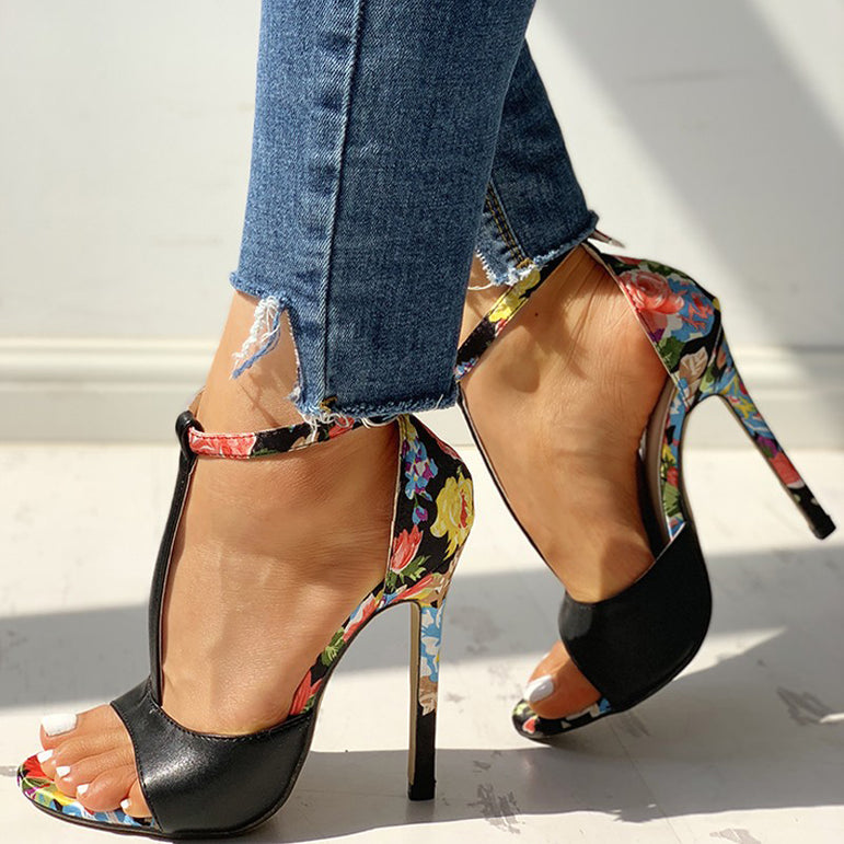 Cute Floral Print Super High Heels Sandals