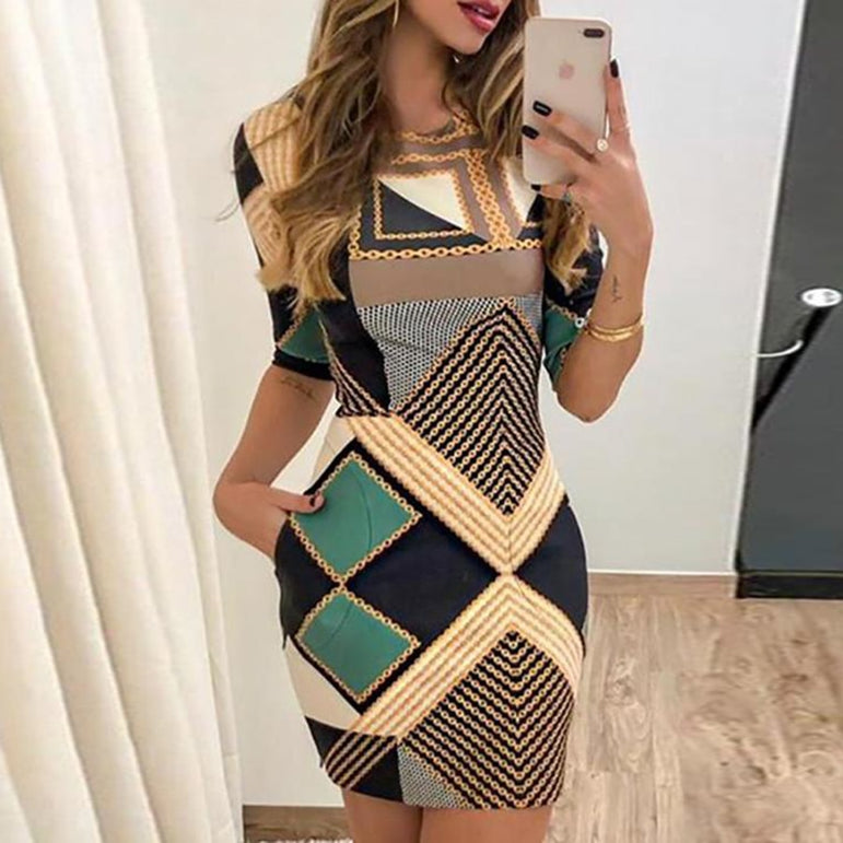 Elegant Fashion Print Short-Sleeved Slim Dress