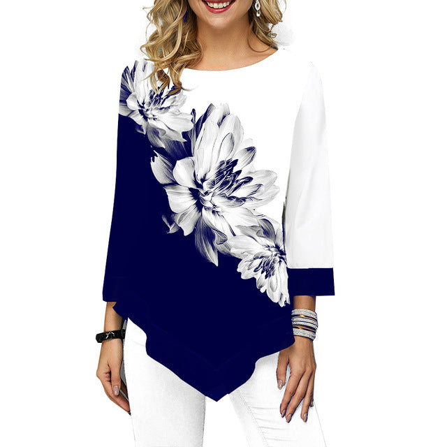 Floral Printed Women Shirt Asymmetric Blouse