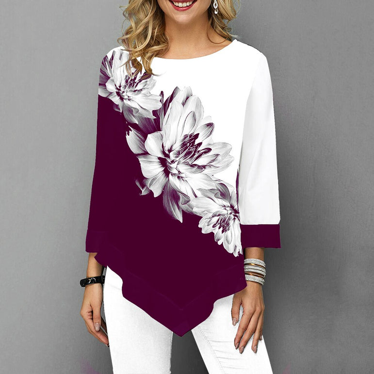 Floral Printed Women Shirt Asymmetric Blouse