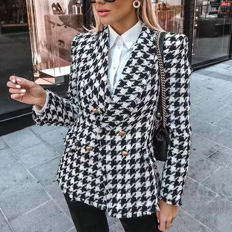 Women Office Ladies Vintage Thick Plaid Coat