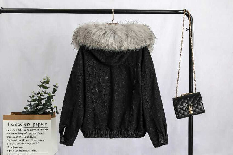 Velvet Thick Denim Faux Fur Jacket