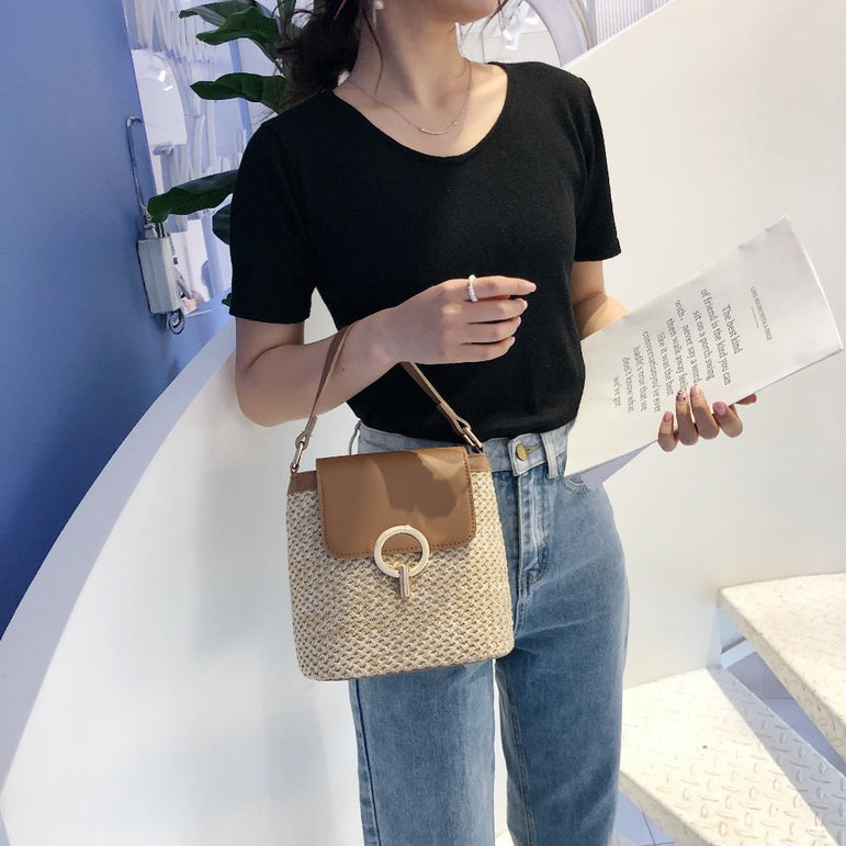 Small Straw Bucket Crossbody Bags