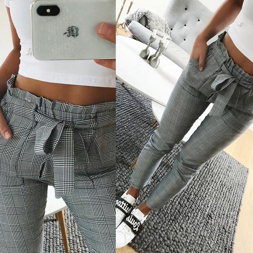 Vintage Gray Grid Casual Pants Trousers