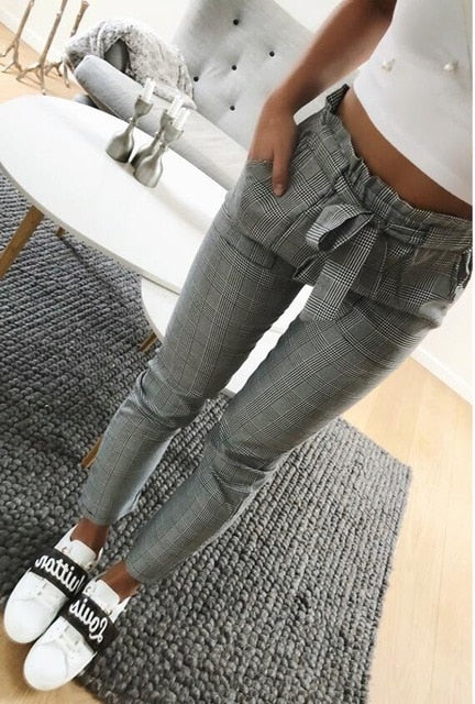 Vintage Gray Grid Casual Pants Trousers