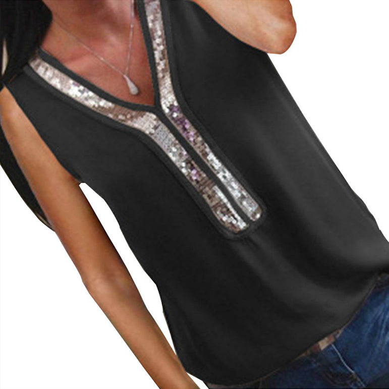 Sexy V-neck Sequins Chiffon Blouse