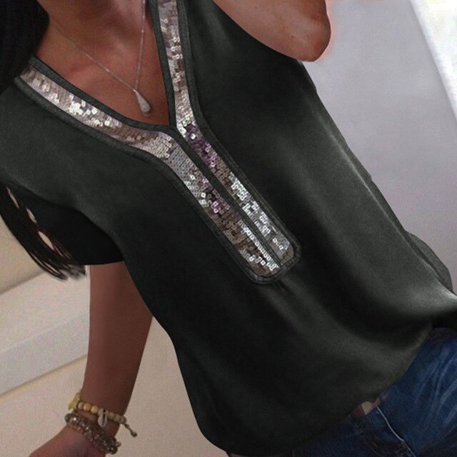 Sexy V-neck Sequins Chiffon Blouse