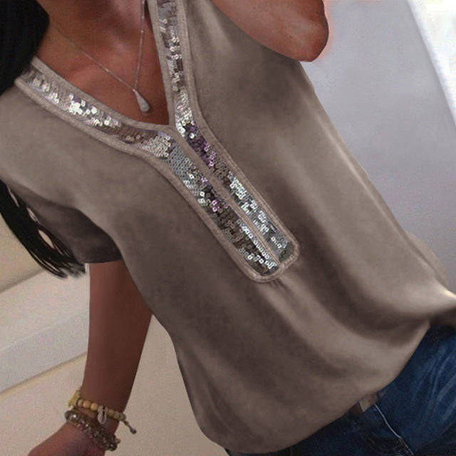 Sexy V-neck Sequins Chiffon Blouse