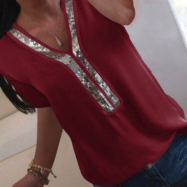 Sexy V-neck Sequins Chiffon Blouse